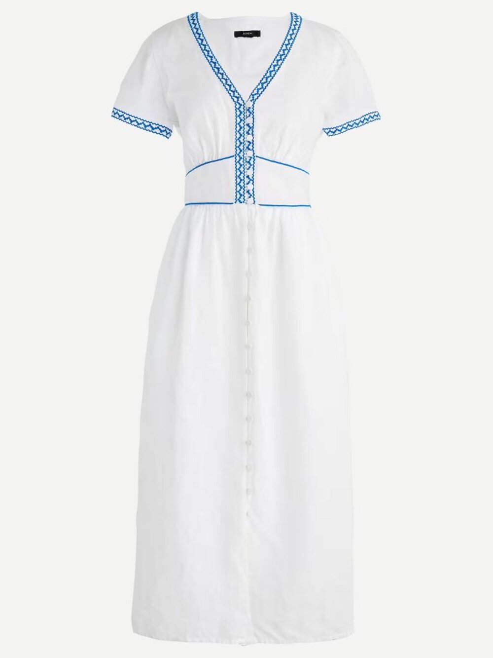 J. Crew 100% Linen Embroidered White Midi Dress with Blue Trim V-Neck, US 6
